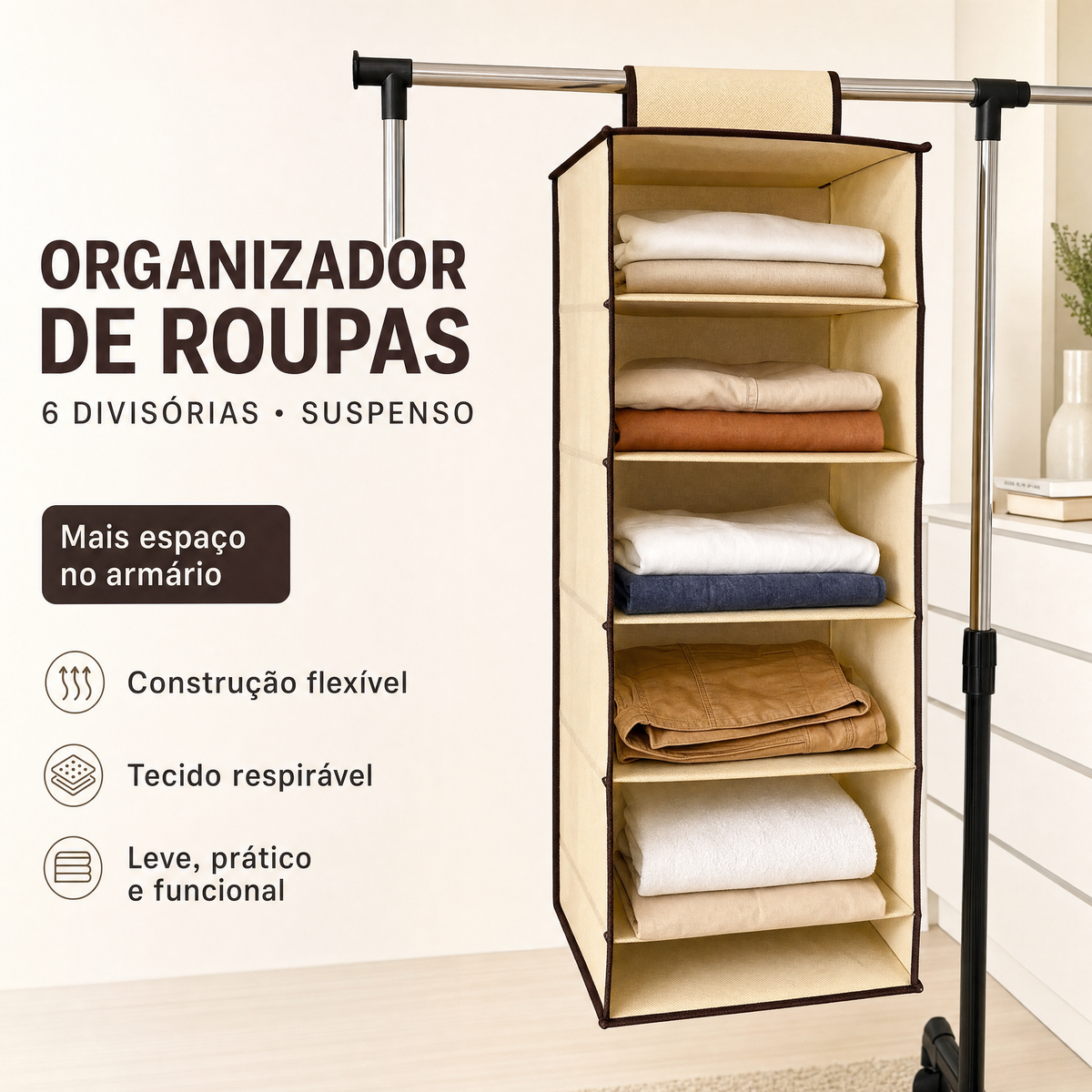 Organizador suspenso de 6 prateleiras no varão